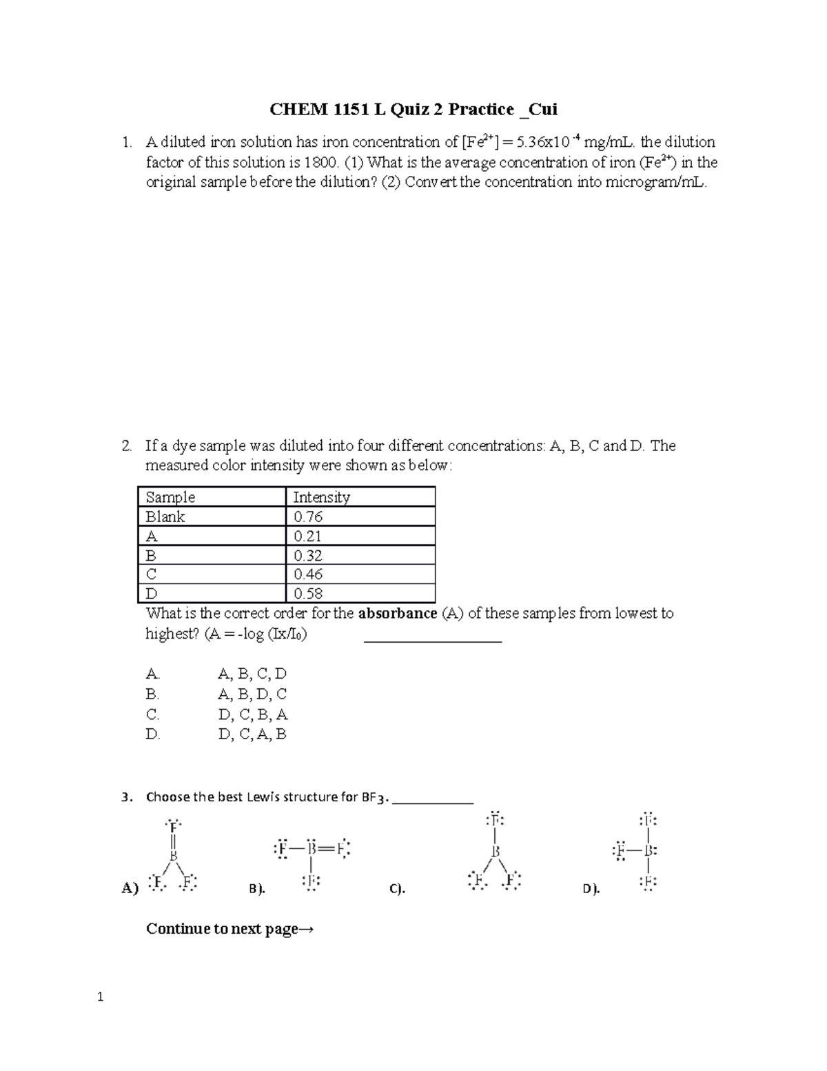 Chem1151 Lab Quiz 2 Practice no grading - CHEM 1151 L Quiz 2 Practice ...