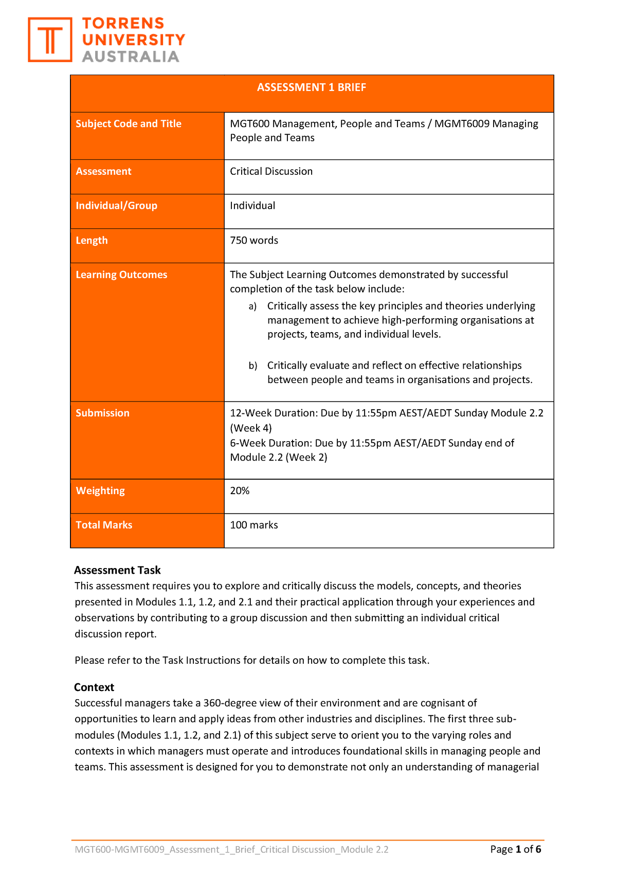 MGT600-MGMT6009 Assessment 1 Brief Critical Discussion 2 - ASSESSMENT 1 ...