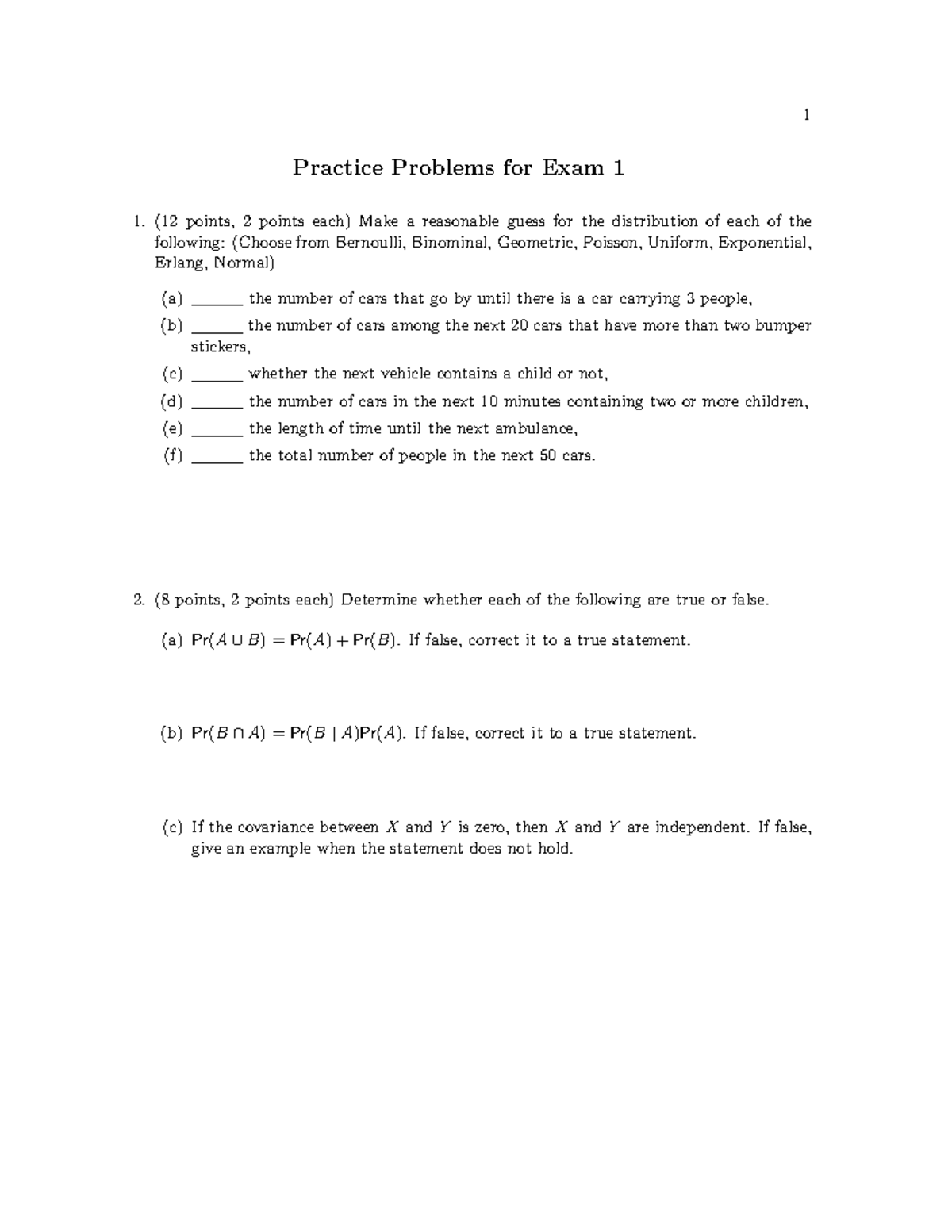 Practice Problems Exam 1 Complete Blank - Practice Problems for Exam 1 ...