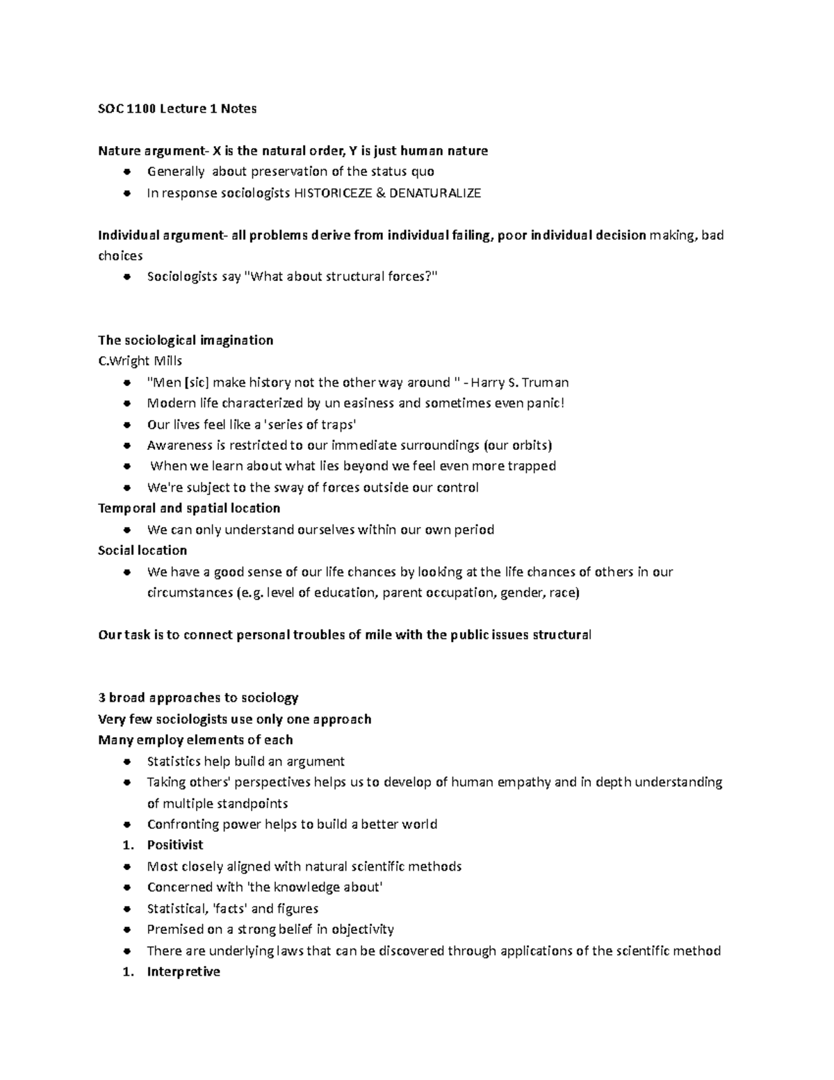 SOC 1100 Lecture 1 Notes- Social Imagination - SOC 1000 - U of G - Studocu