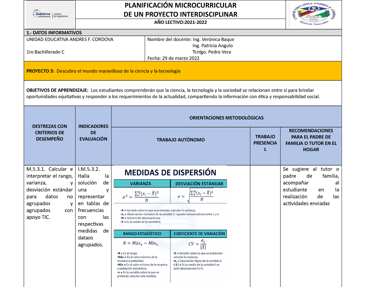 Planificación Micro Proyecto Supletorio - PLANIFICACIÓN MICROCURRICULAR ...