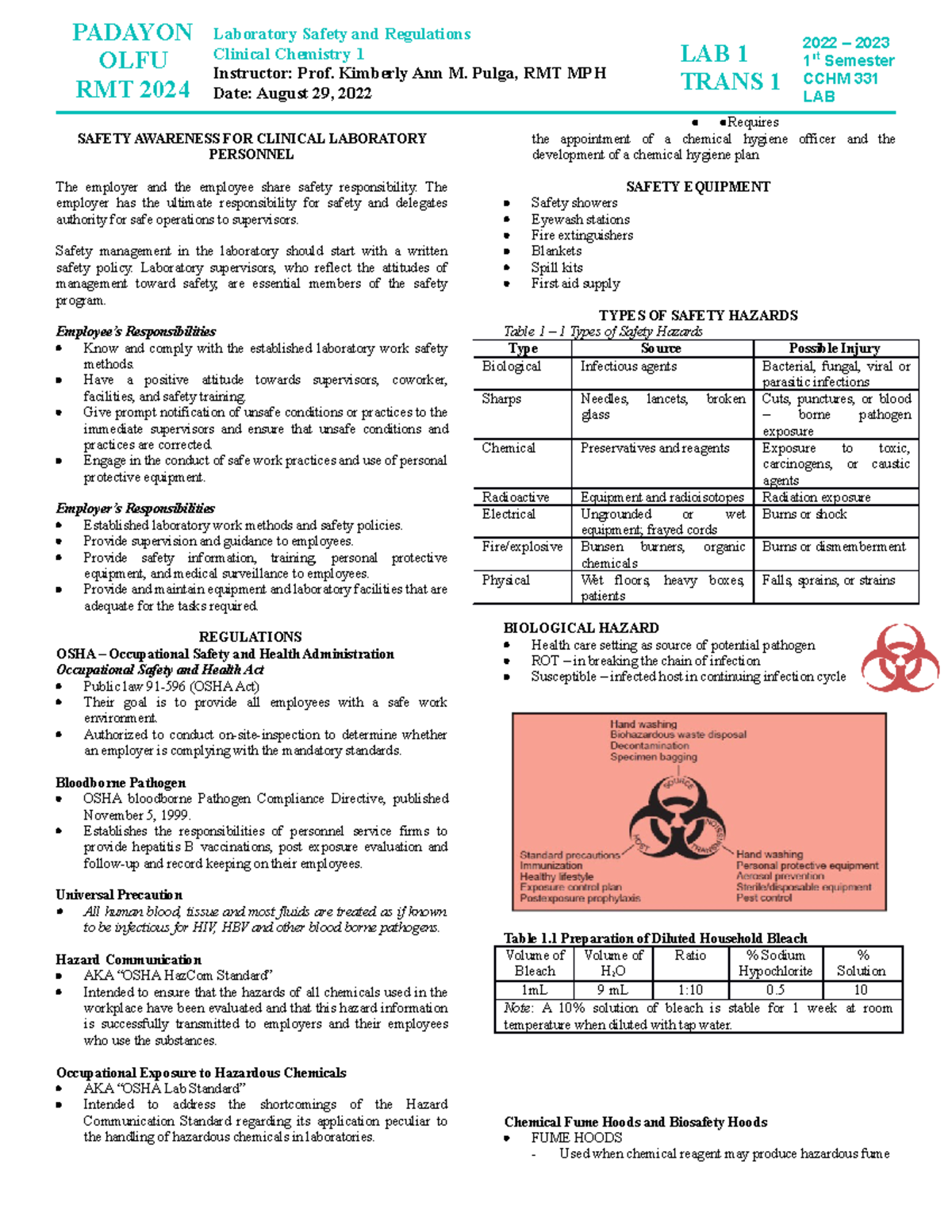 CCHM Prelim SAFETY AWARENESS FOR CLINICAL LABORATORY PERSONNEL The