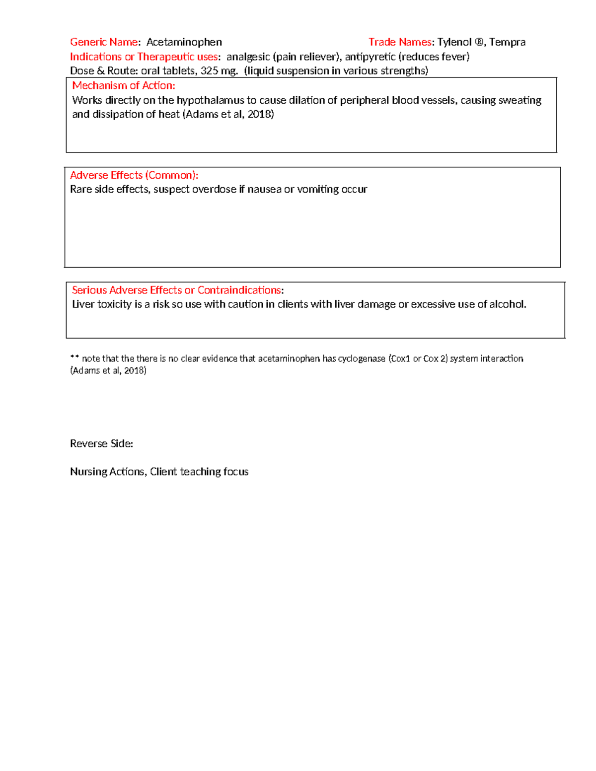 Sample Drug Card DRUGS Generic Name Acetaminophen Trade Names