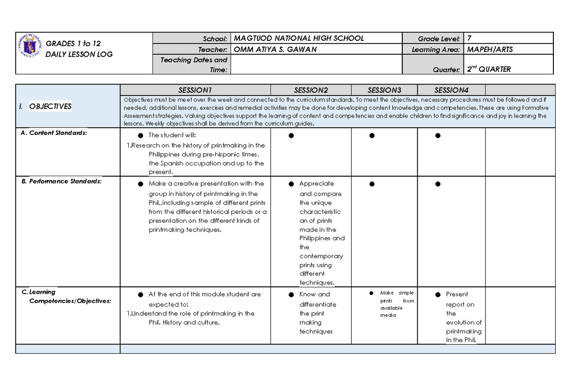 G7 DLL Mapeh ARTS Q2 - DLL - GRADES 1 to 12 DAILY LESSON LOG School ...