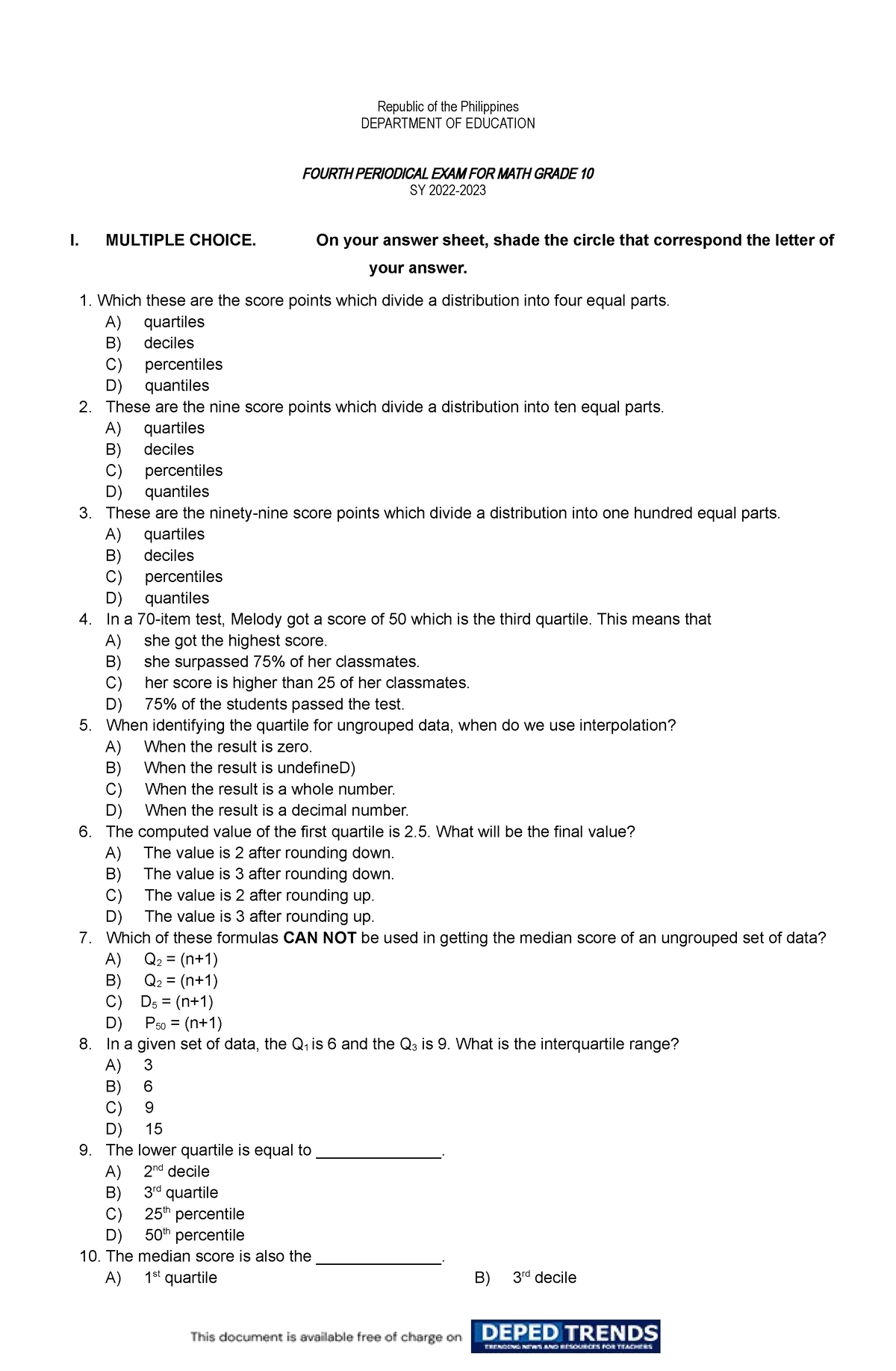 4Q Mathematics 10 PT - exam - Republic of the Philippines DEPARTMENT OF ...