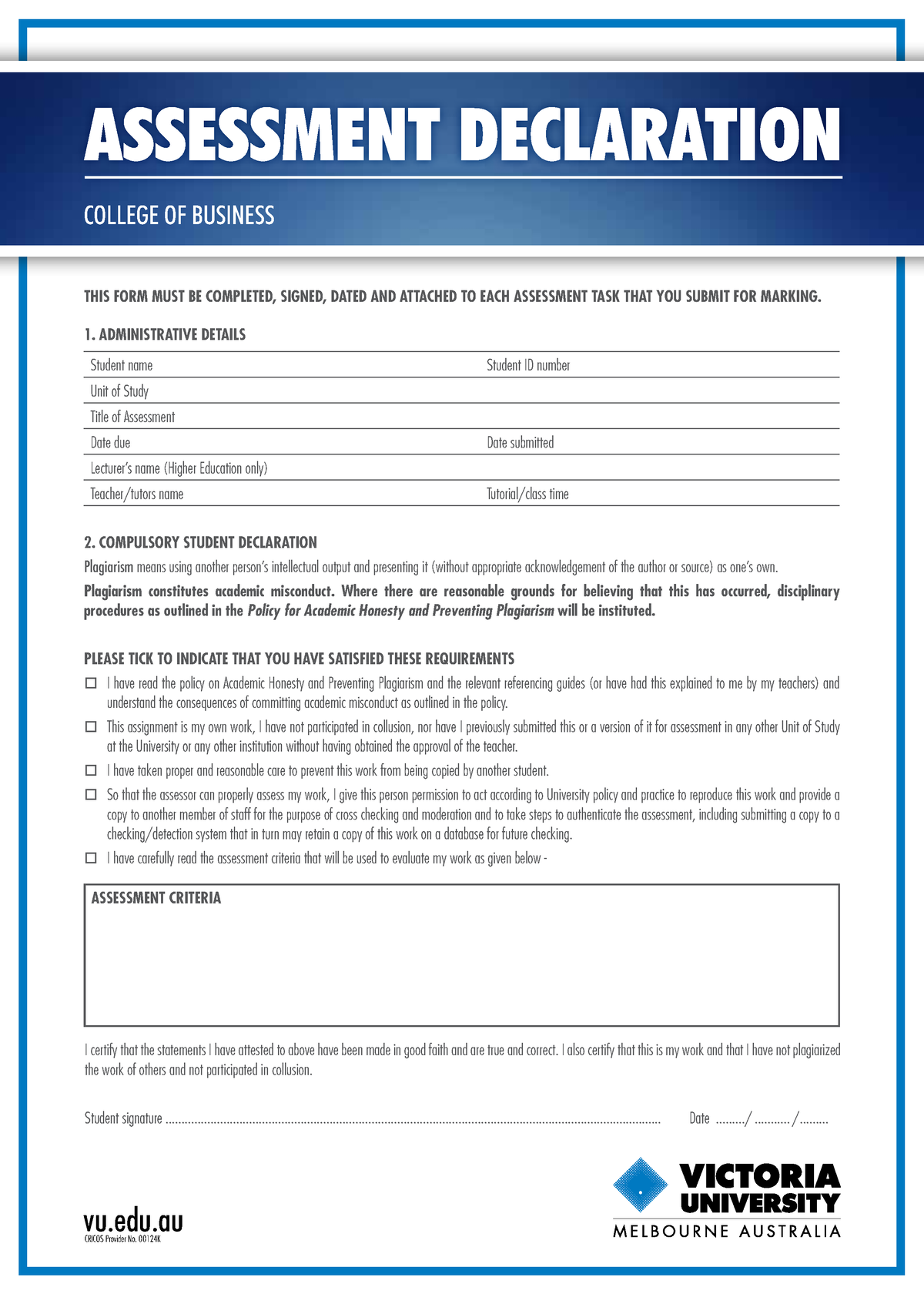 Assessment Declaration - THIS FORM MUST BE COMPLETED, SIGNED, DATED AND ...