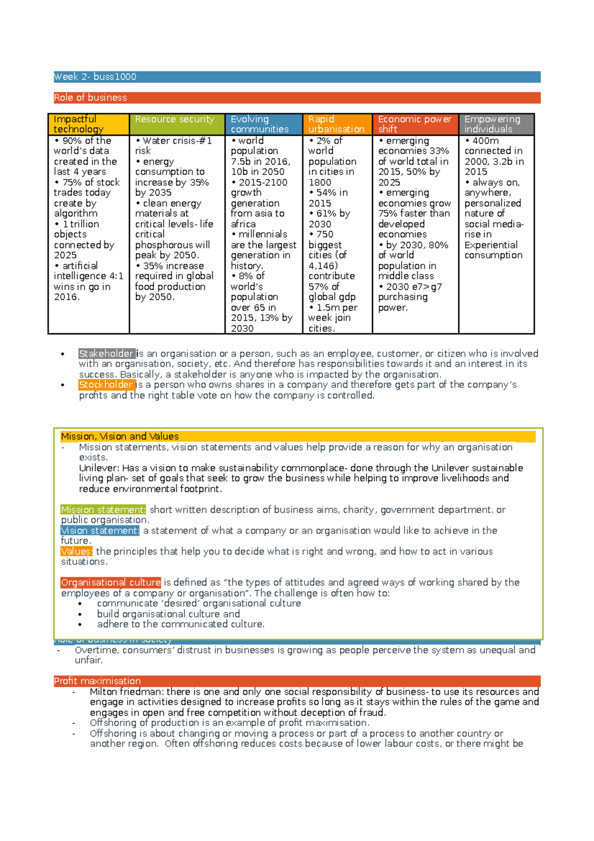 WEEK 2- BUSS1000 - Lecture notes 2 - Week 2- buss Role of business ...