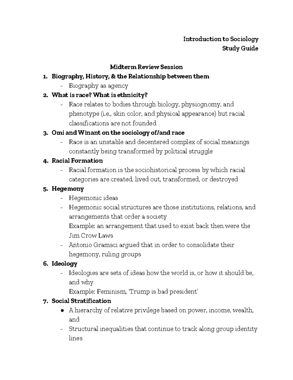 Sociology 1- Midterm Study Guide - Introduction To Sociology Study ...