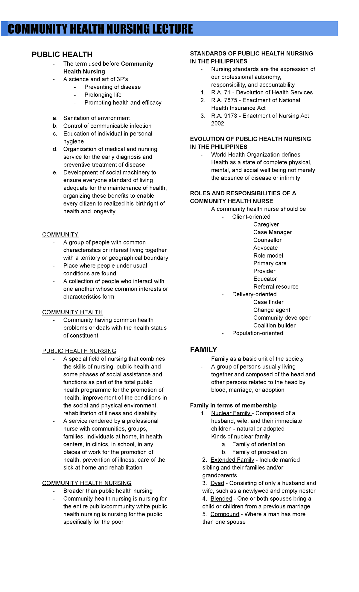 CHN - Lec - DCOMMUNITY HEALTH NURSING LECTURE PUBLIC HEALTH - The term ...