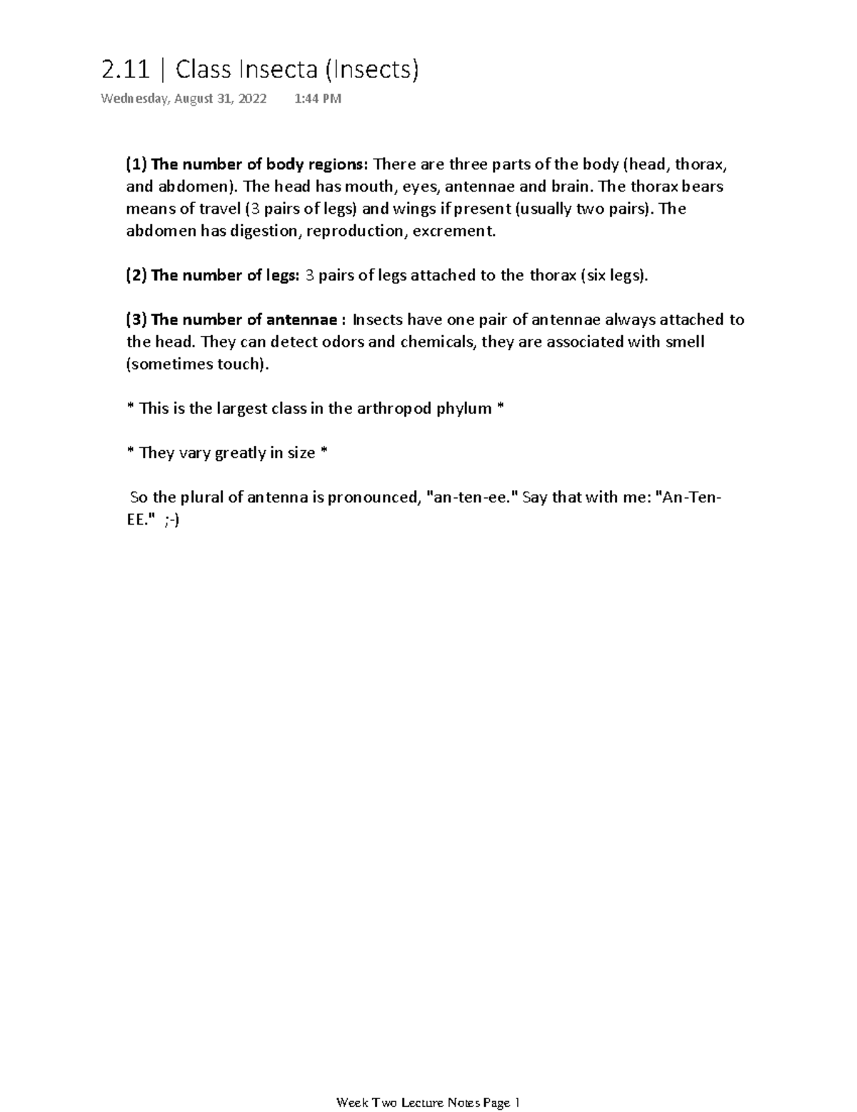 08-31-22 Lecture 2.11 Class Insecta (Insects) - (1) The number of body ...