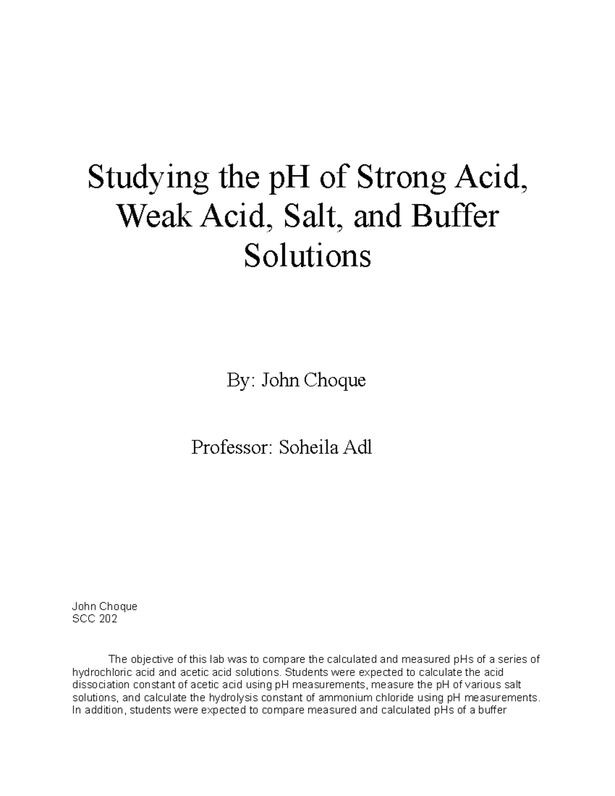 Studing weak acid lab report Studying the pH of Strong Acid, Weak