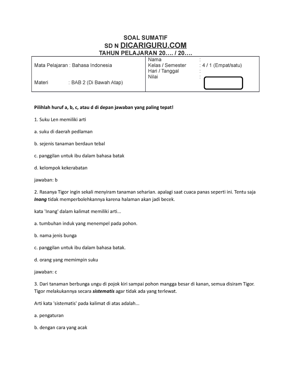 SOAL Sumatif B INDO KLS 4 BAB 2 ( Dicariguru - SOAL SUMATIF SD N ...