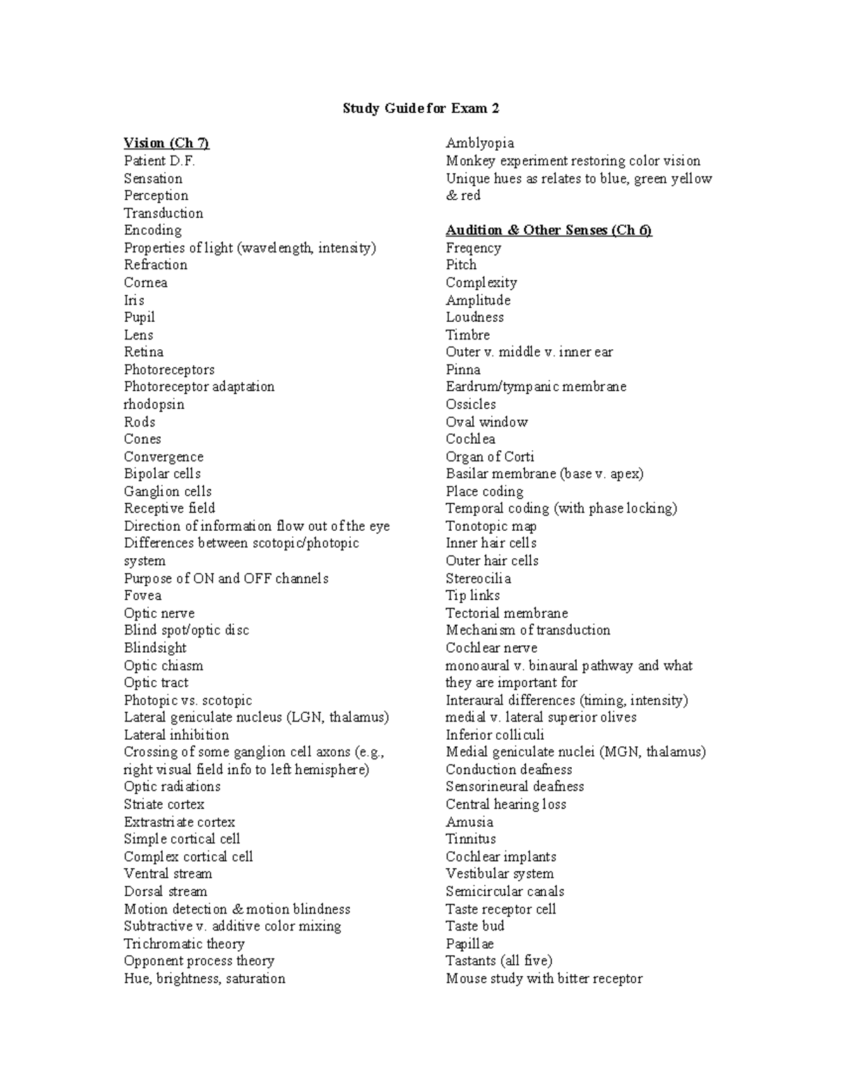 Psych 202- Exam 2 study guide - Study Guide for Exam 2 Vision (Ch 7 ...