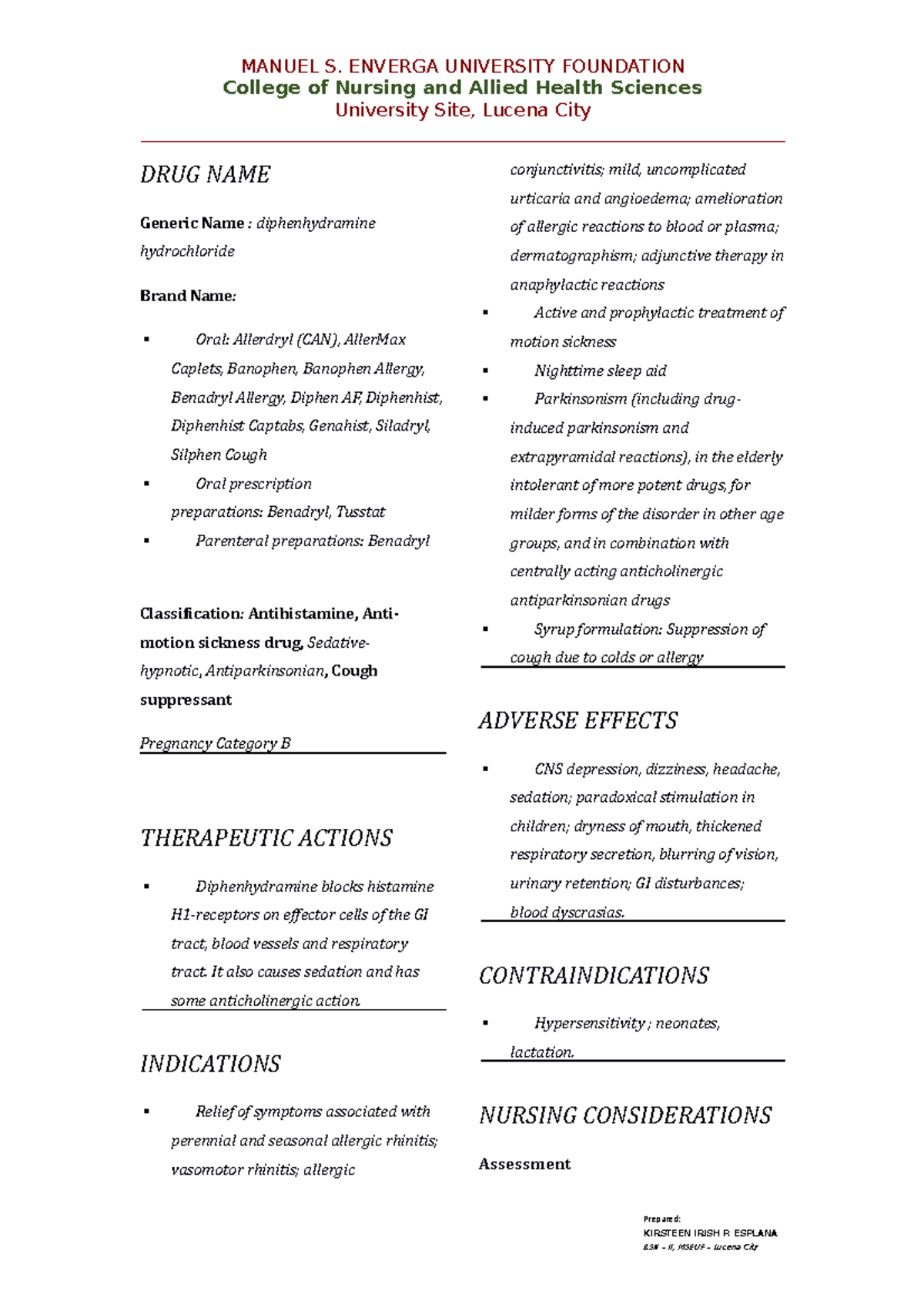 Diphenhydramine HCL - DRUG Study - MANUEL S. ENVERGA UNIVERSITY ...