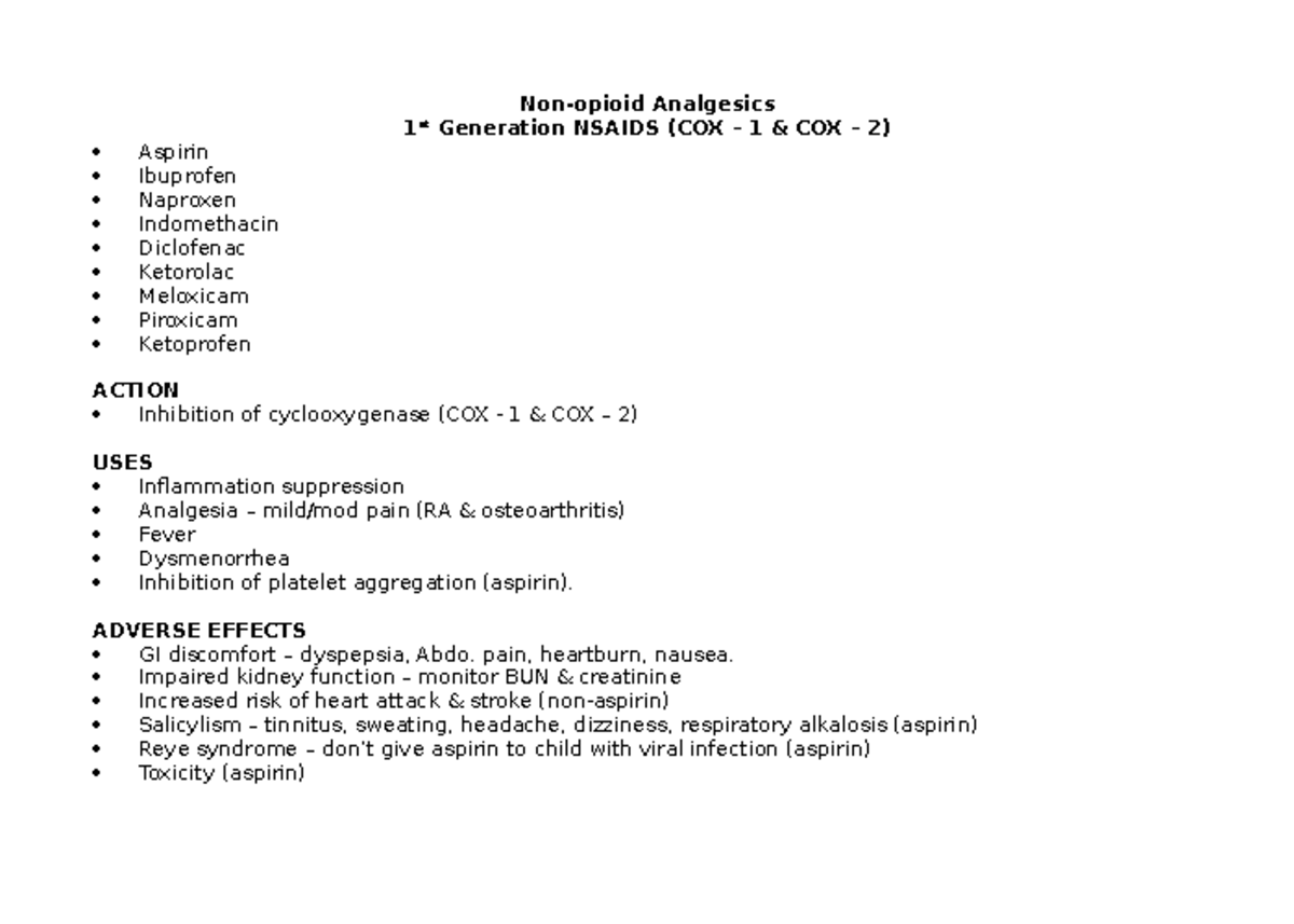 DRUG Cards - Non-opioid Analgesics 1 st Generation NSAIDS (COX – 1 ...