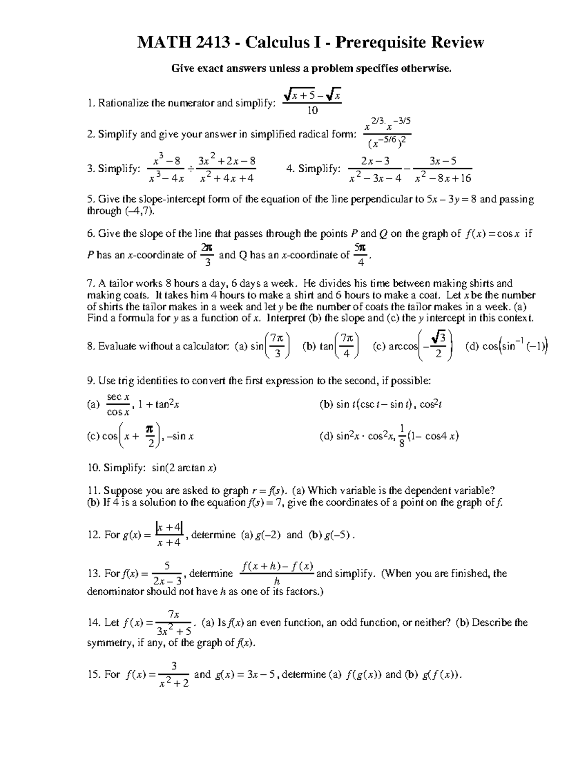 MATH 2413 Prerequisite Review - MATH 2413 - Calculus I - Prerequisite ...