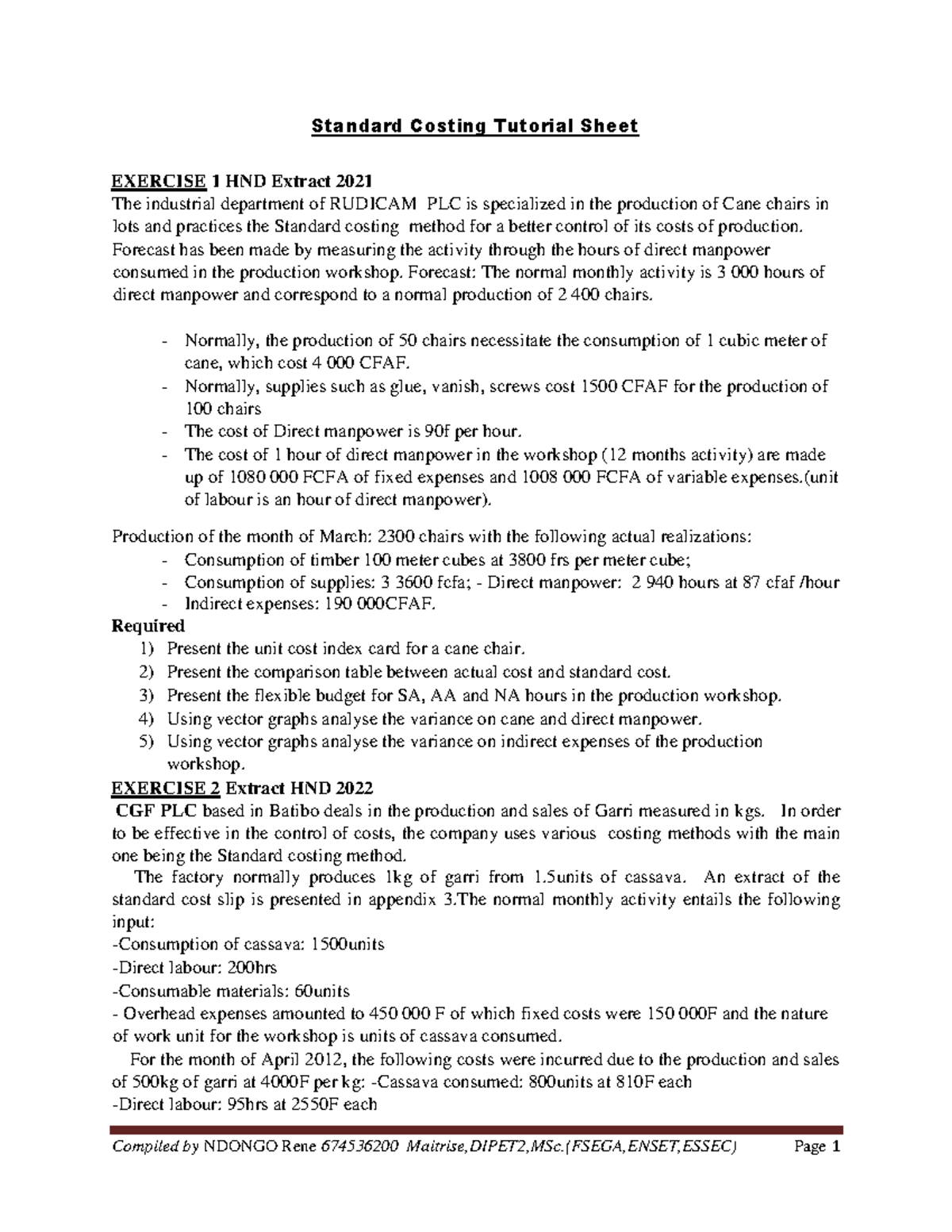 Standard Costing Tuto2022 - Standard Costing Tutorial Sheet EXERCISE 1 ...
