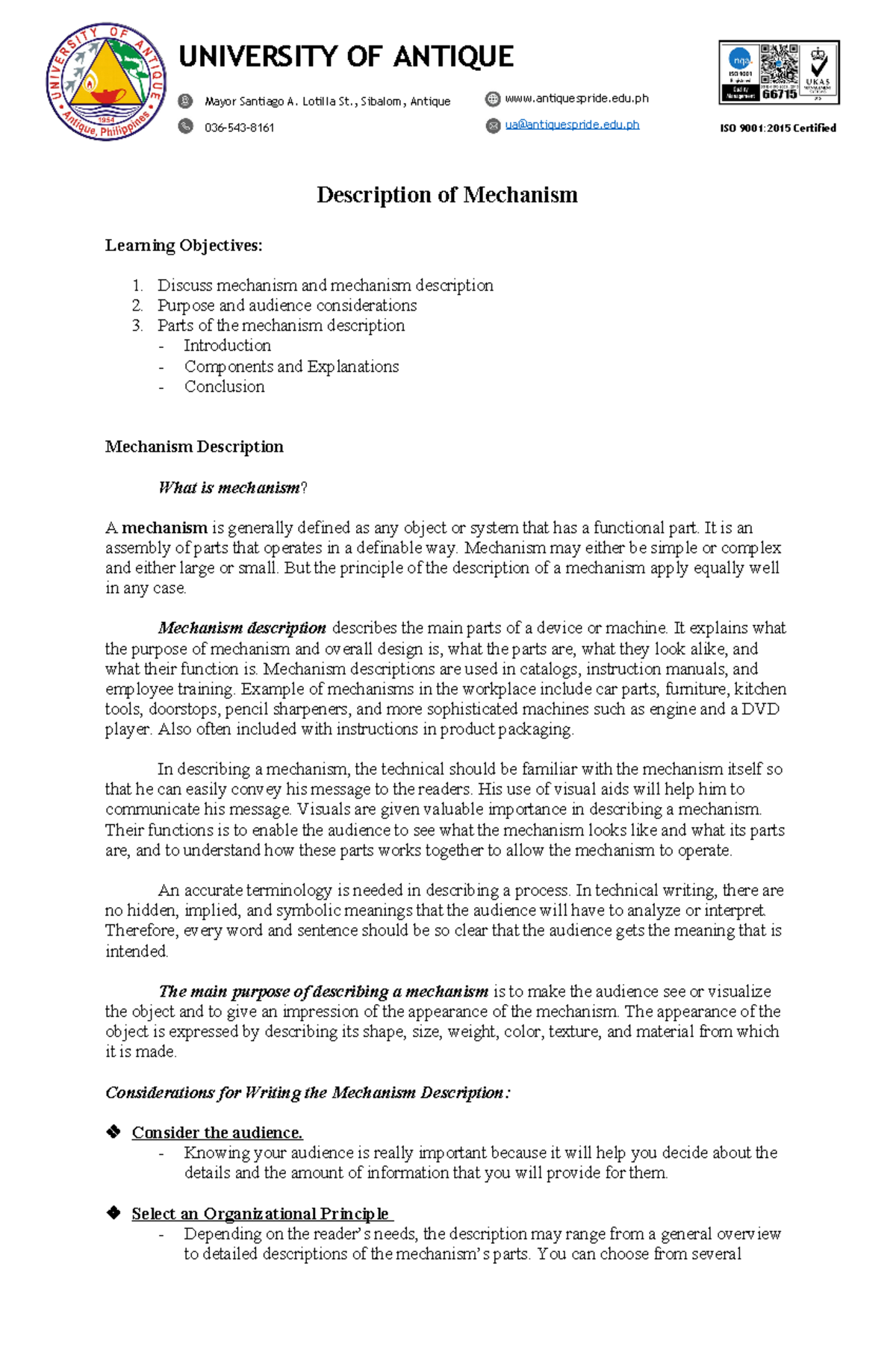 Group 4- Description of Mechanism - UNIVERSITY OF ANTIQUE Mayor ...