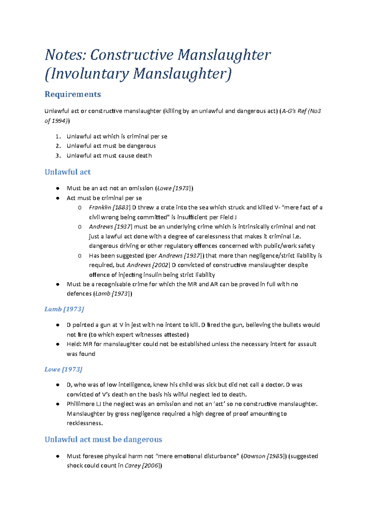 Notes Constructive Manslaughter (Involuntary Manslaughter) - Unlawful ...