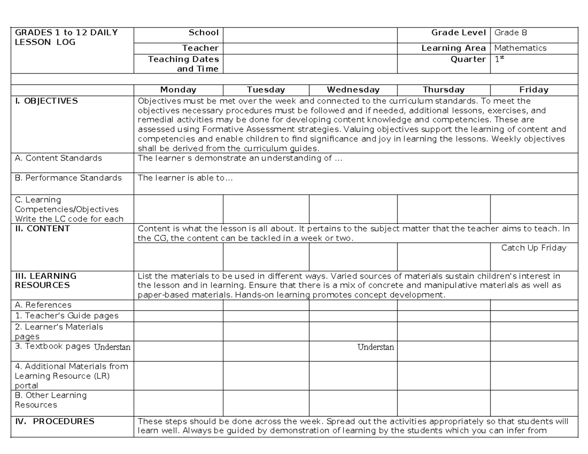 DLL Blank - DAILY LESSON LOG - GRADES 1 to 12 DAILY LESSON LOG School ...