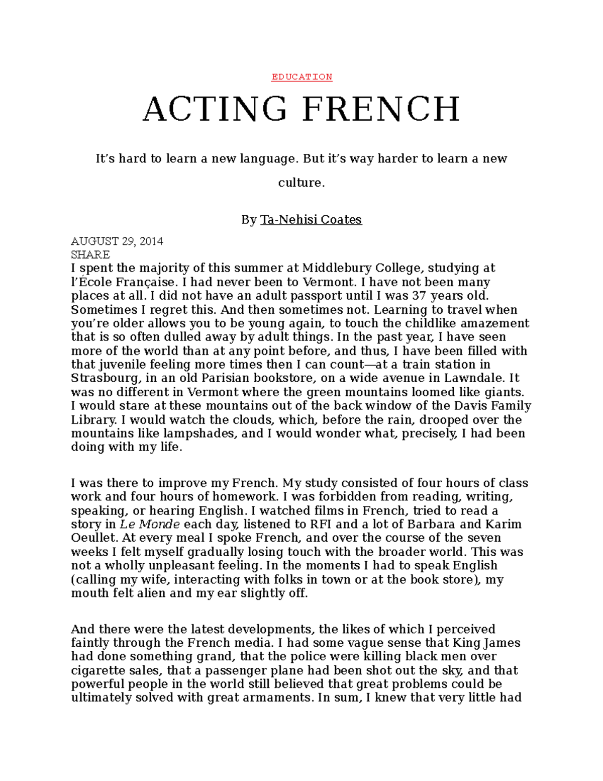 acting assignment in french