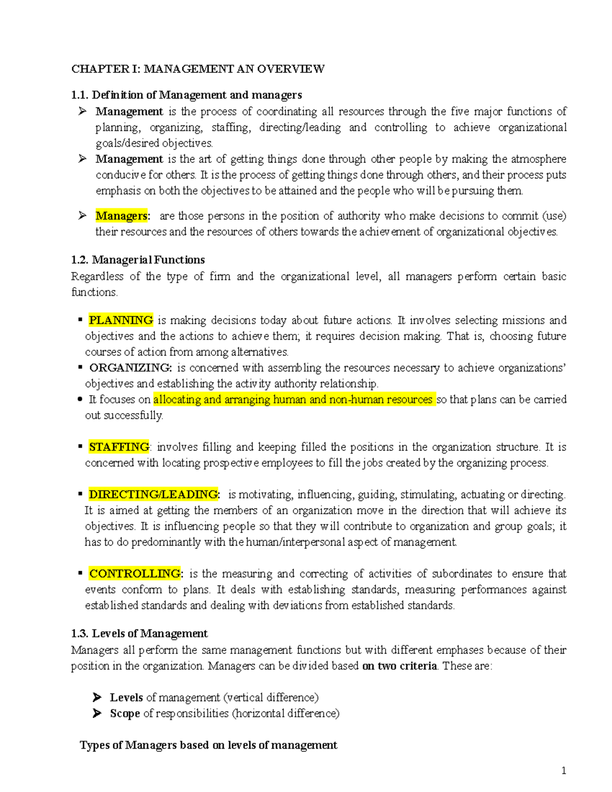 the Introduction to management - CHAPTER I: MANAGEMENT AN OVERVIEW 1 ...