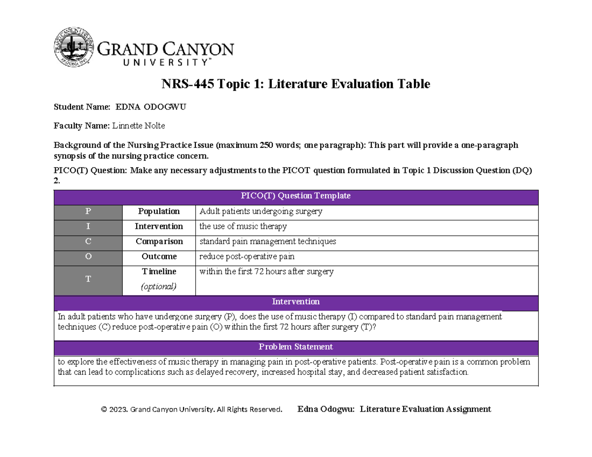 NRS 445 EDNA Odogwu Assignment ON Literature Evaluation Table - NRS-445 ...