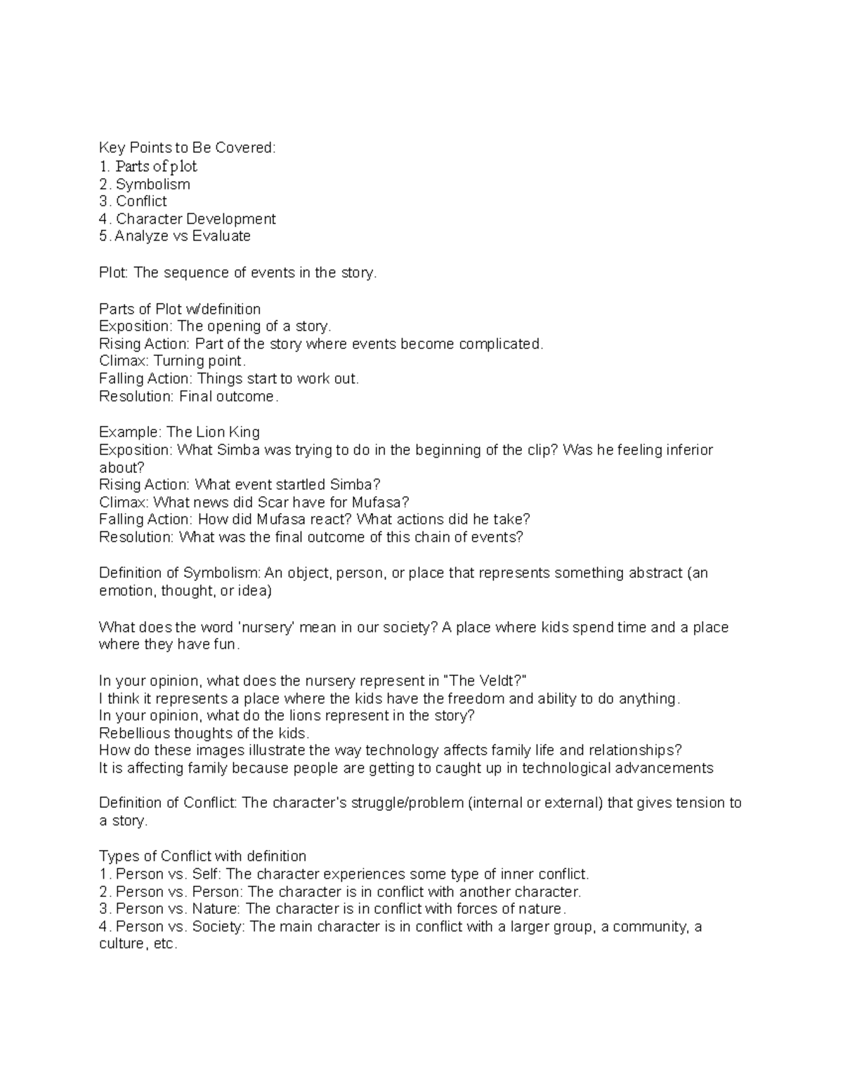 Large Group 3 Lecture Notes 3 Key Points To Be Covered Parts Of Plot Symbolism Conflict Character Development Analyze Vs Evaluate Plot The Sequence Of Events Studocu