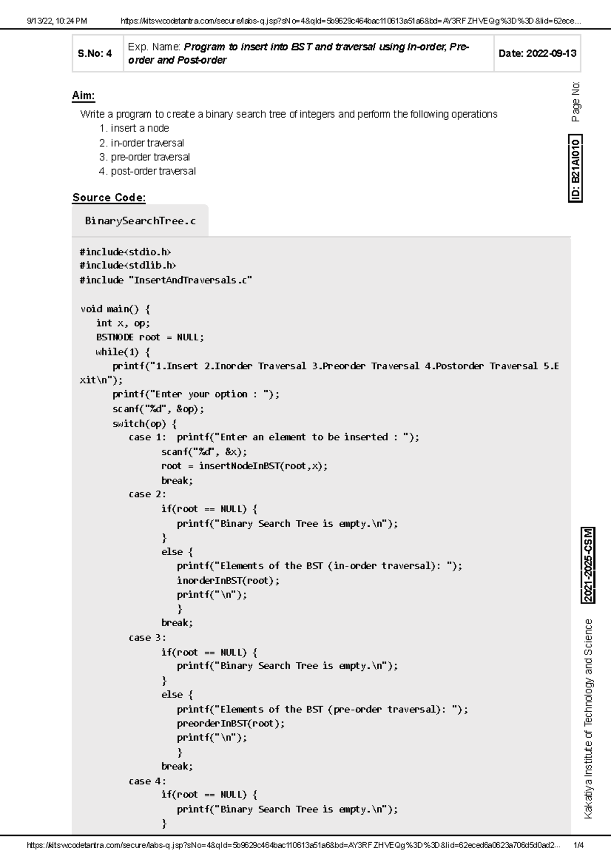 Labs-3 p-1 with recursion - S: 4 Exp. Name: Program to insert into BST ...