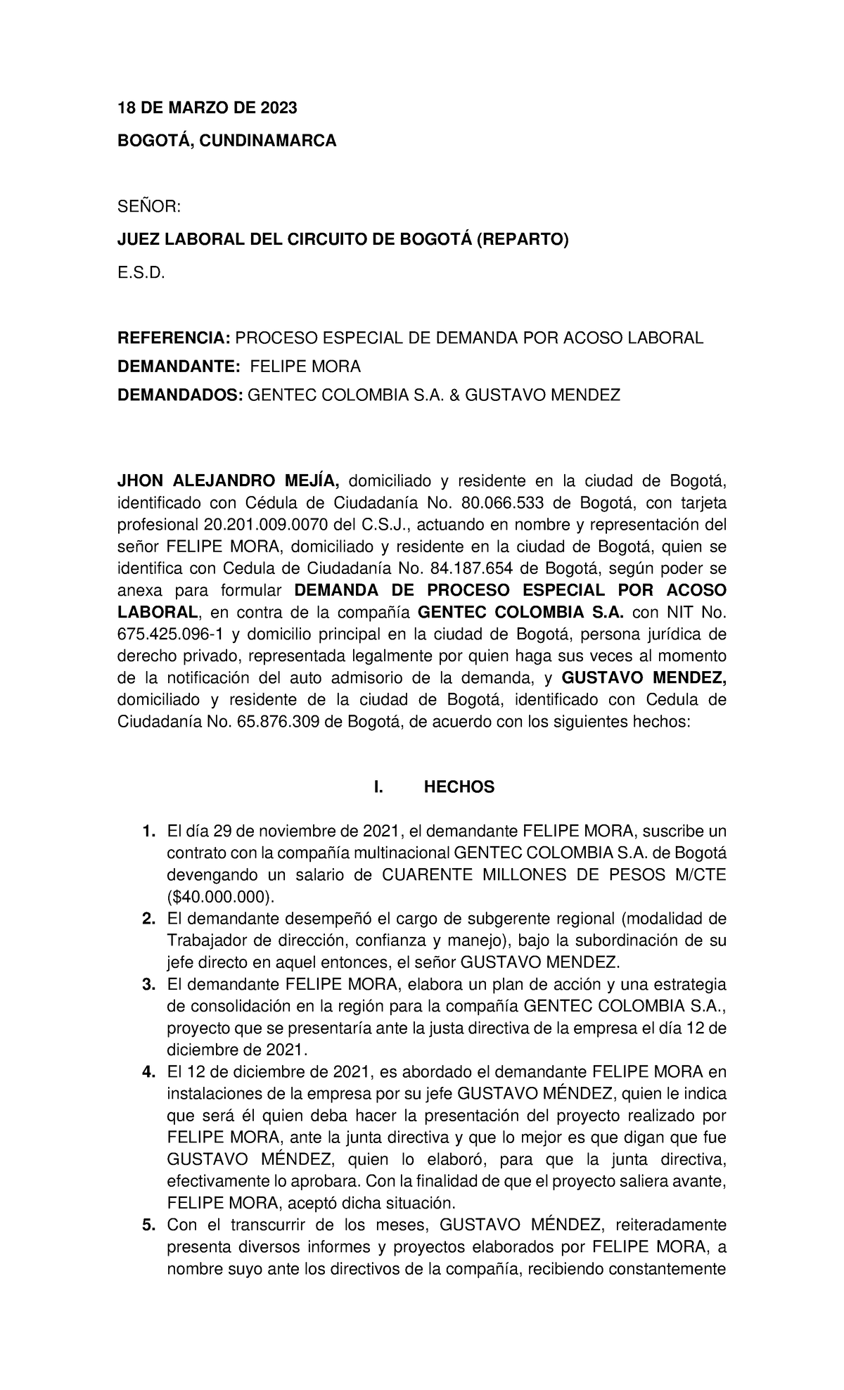 Proceso Especial DE Demanda POR Acoso Laboral - 18 DE MARZO DE 2023 ...