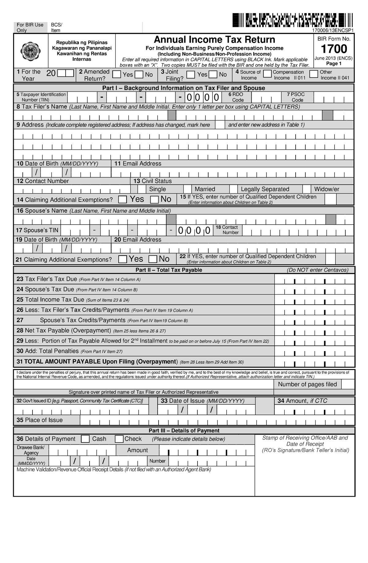 Bir form 1700 - Bir - For BIR Use Only BCS/ Item 170006/13ENCSP ...