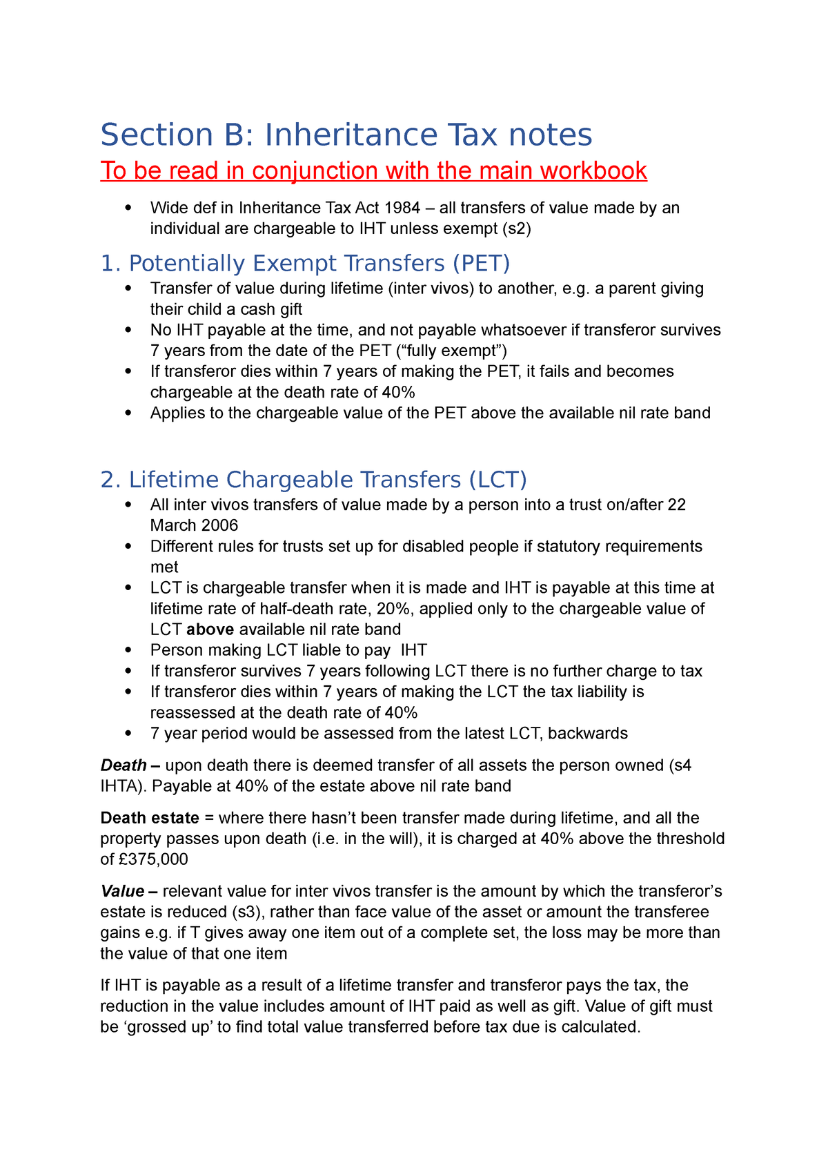 Wills Section B Notes - IHT - Section B: Inheritance Tax Notes To Be ...