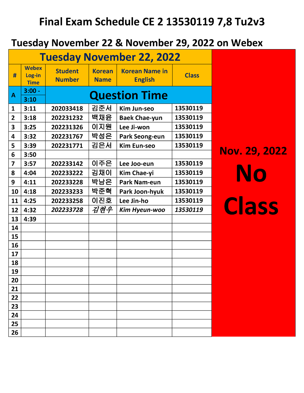 Final Exam Schedule CE 2 13530119 Tues 2 Fall 2022v3 11 15 Final Exam