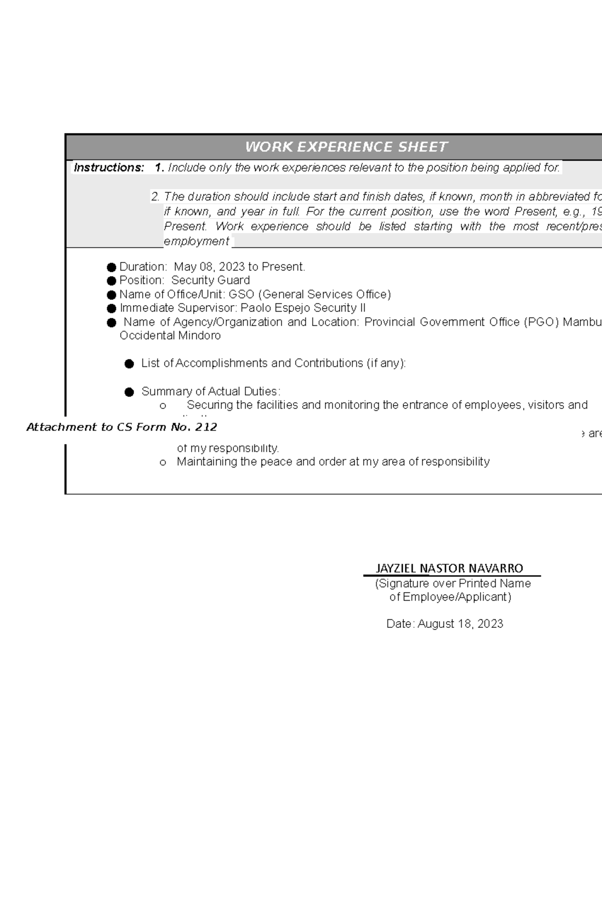 CS Form No. 212 Attachment Work Experience Sheet WORK EXPERIENCE