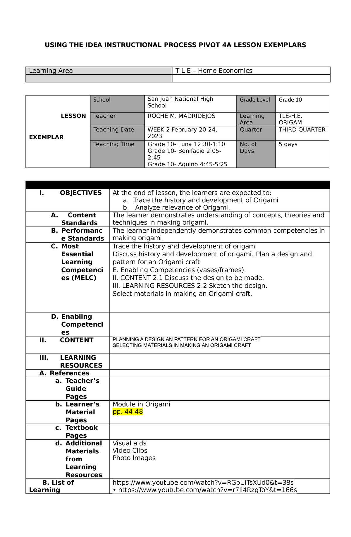 Rmm Lesson Exemplar Origami Wk2 Q3 Using The Idea Instructional Process Pivot 4a Lesson 0422