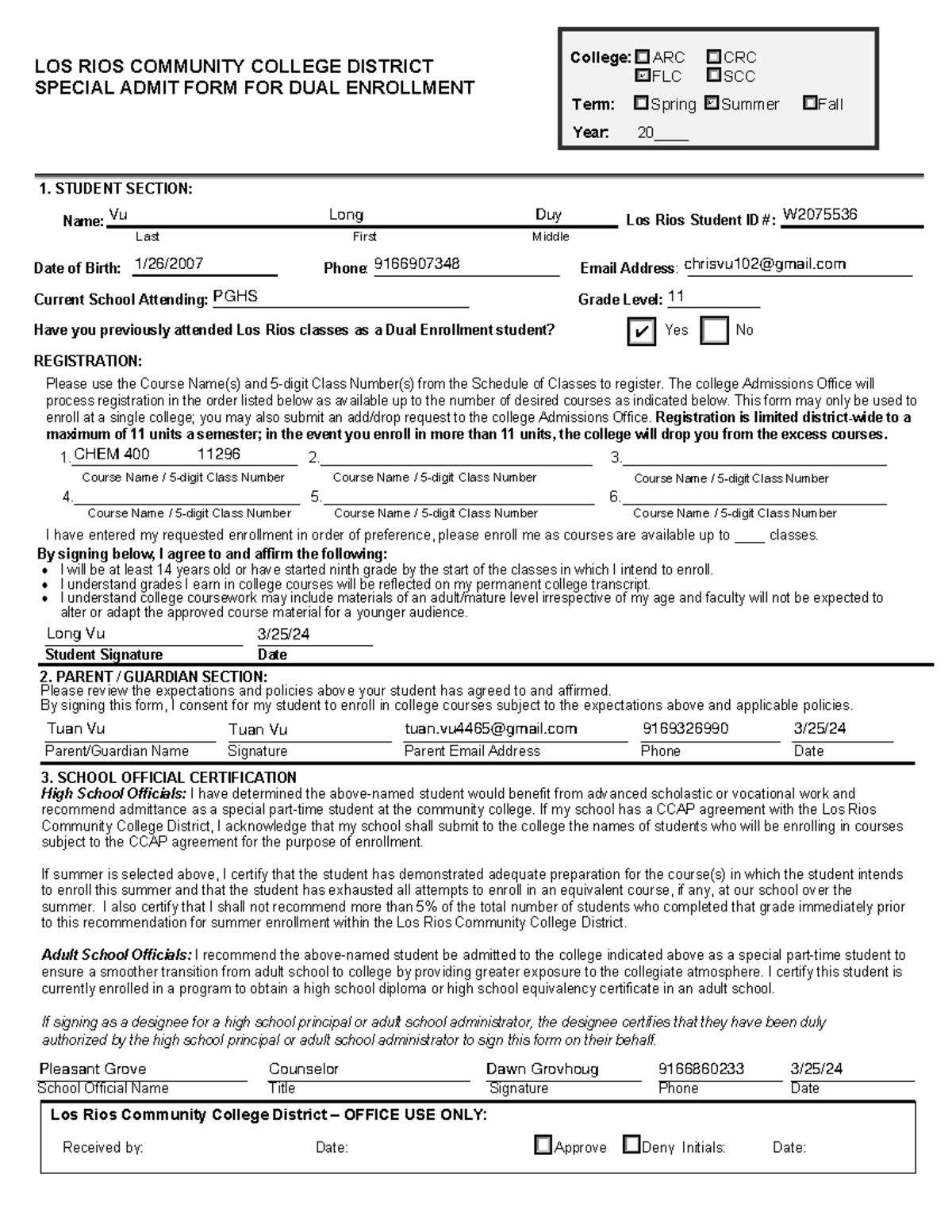 Specialadmitform LOS RIOS COMMUNITY COLLEGE DISTRICT SPECIAL ADMIT