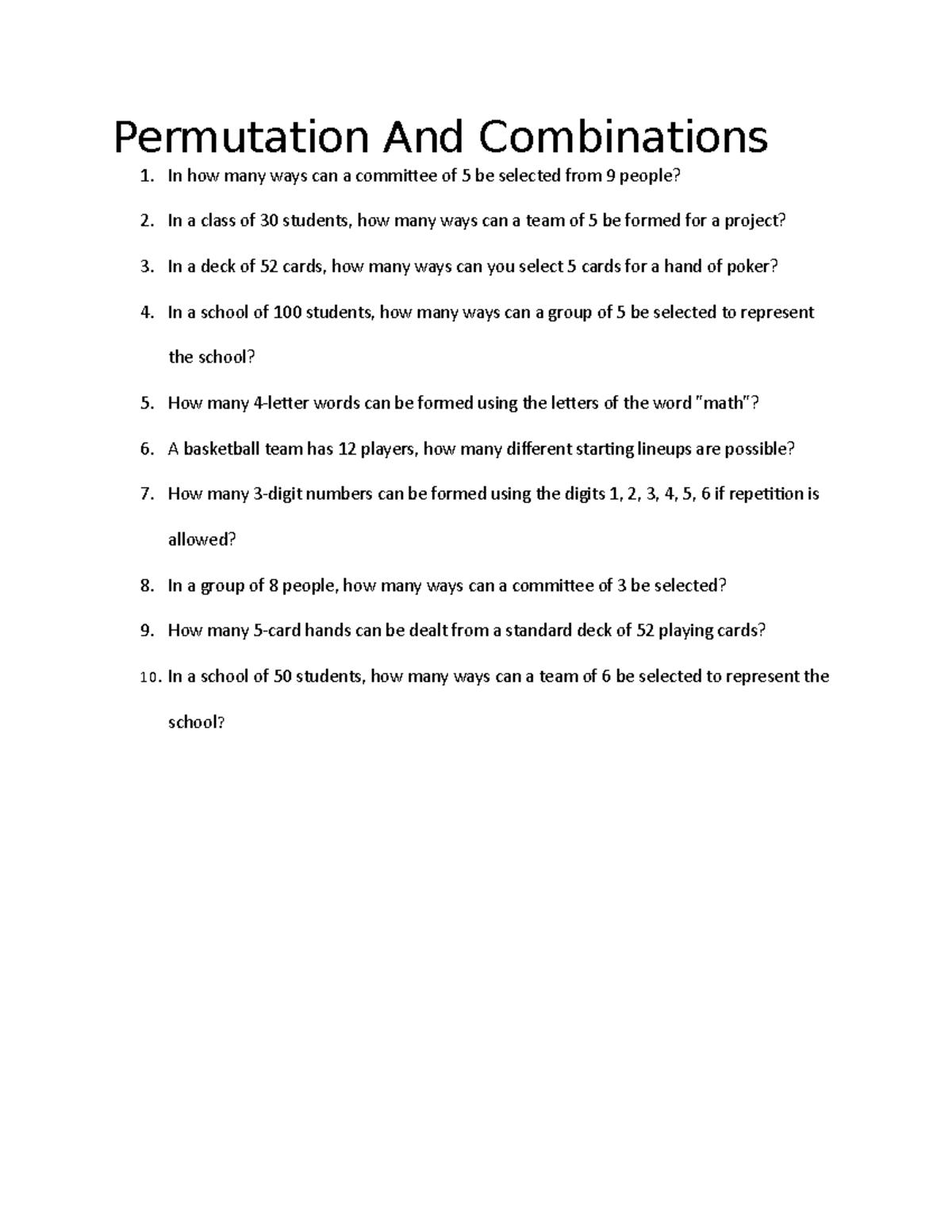 Permutation And Combinationsworksheet with answers Permutation And Combinations In how many