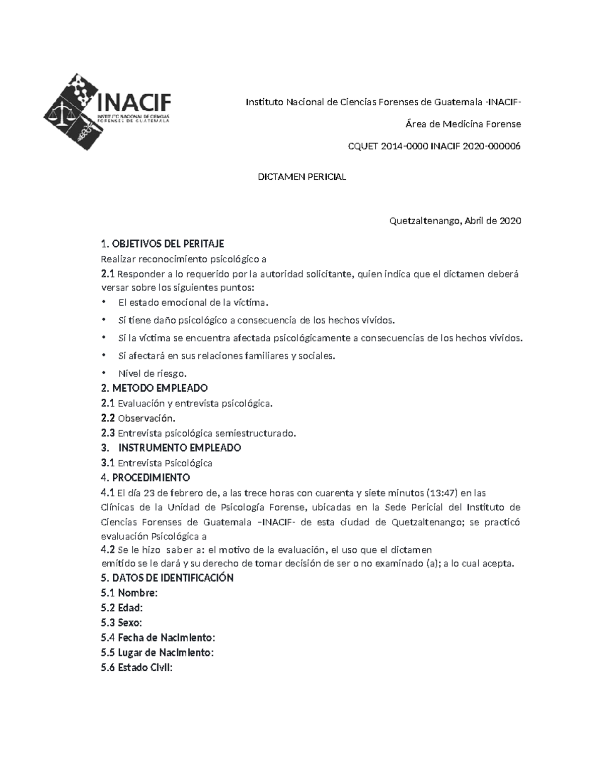 Dictamen psicólogico - Instituto Nacional de Ciencias Forenses de ...