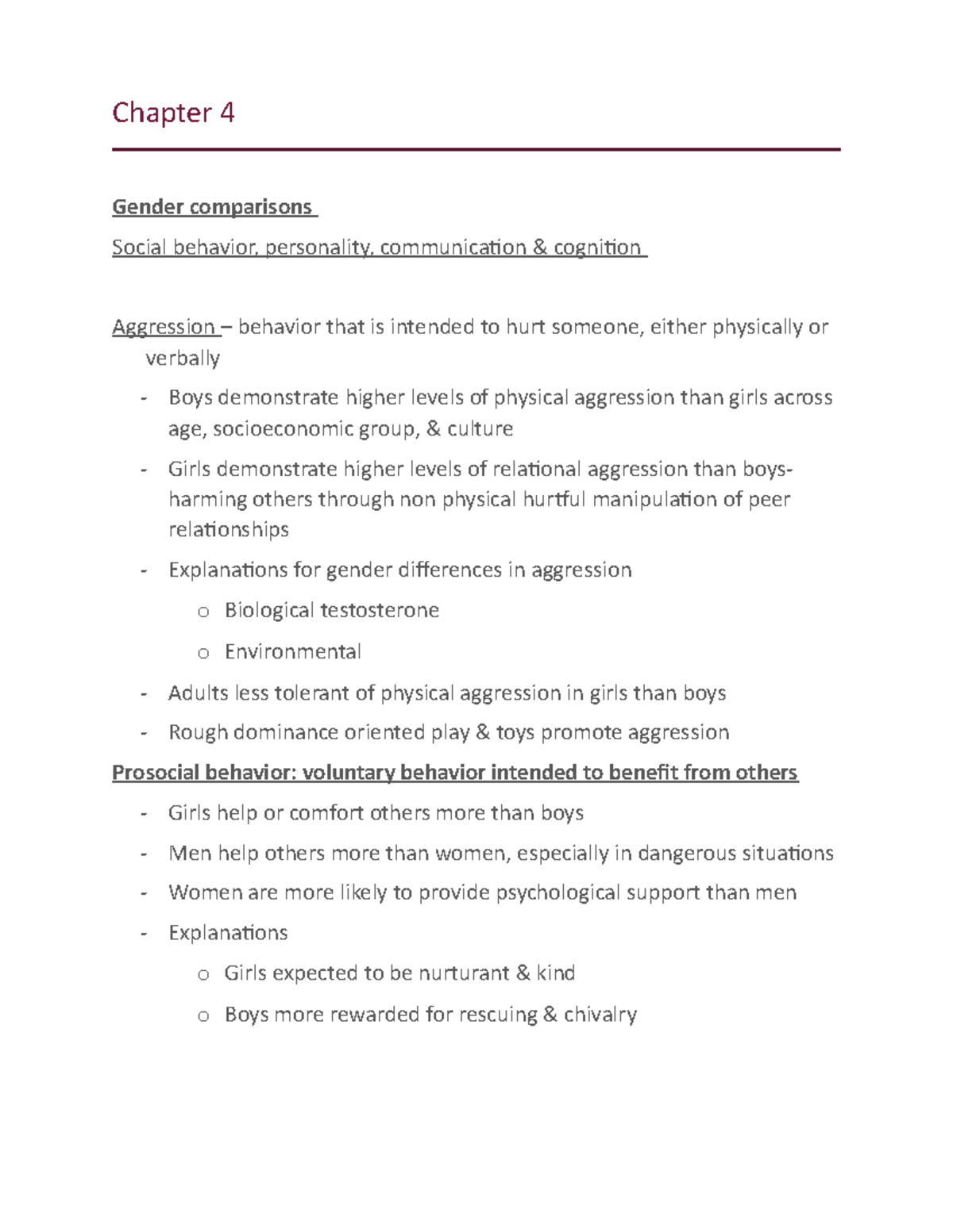 Chapter 5 lecture notes - Chapter 4 Gender comparisons Social behavior ...