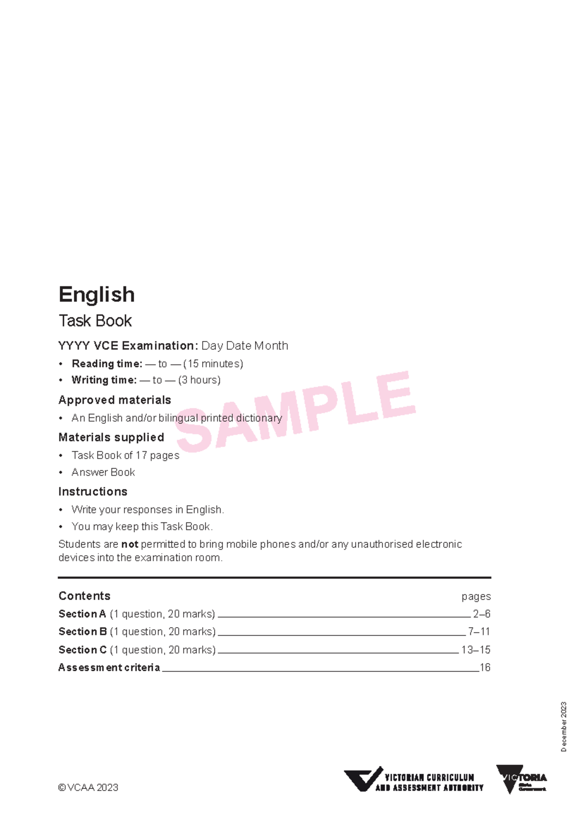 VCE English Sample Exam 2024 © VCAA 2023 English Task Book YYYY VCE