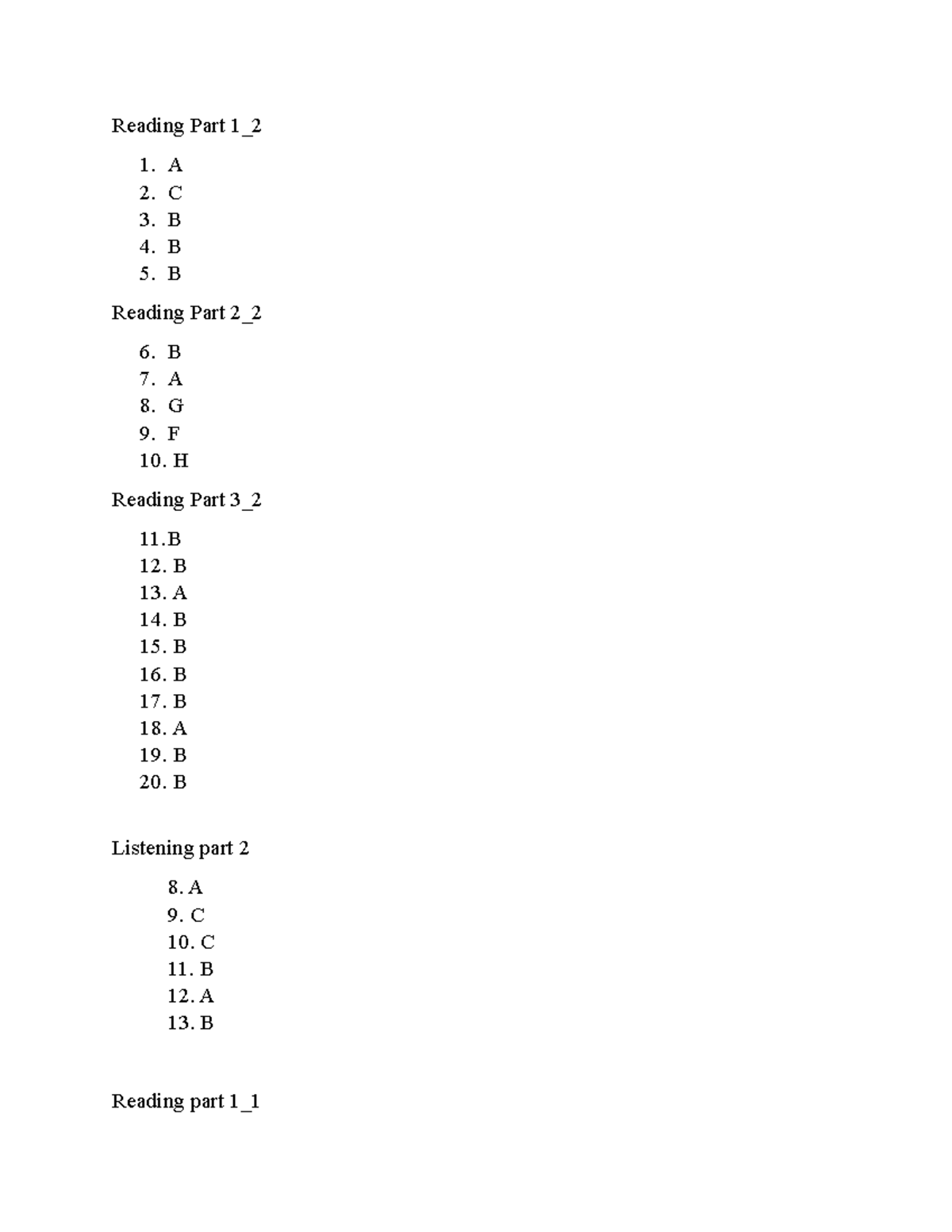 đáp án Further Practice 1 - Reading Part 1_ 1. A 2. C 3. B 4. B 5. B ...