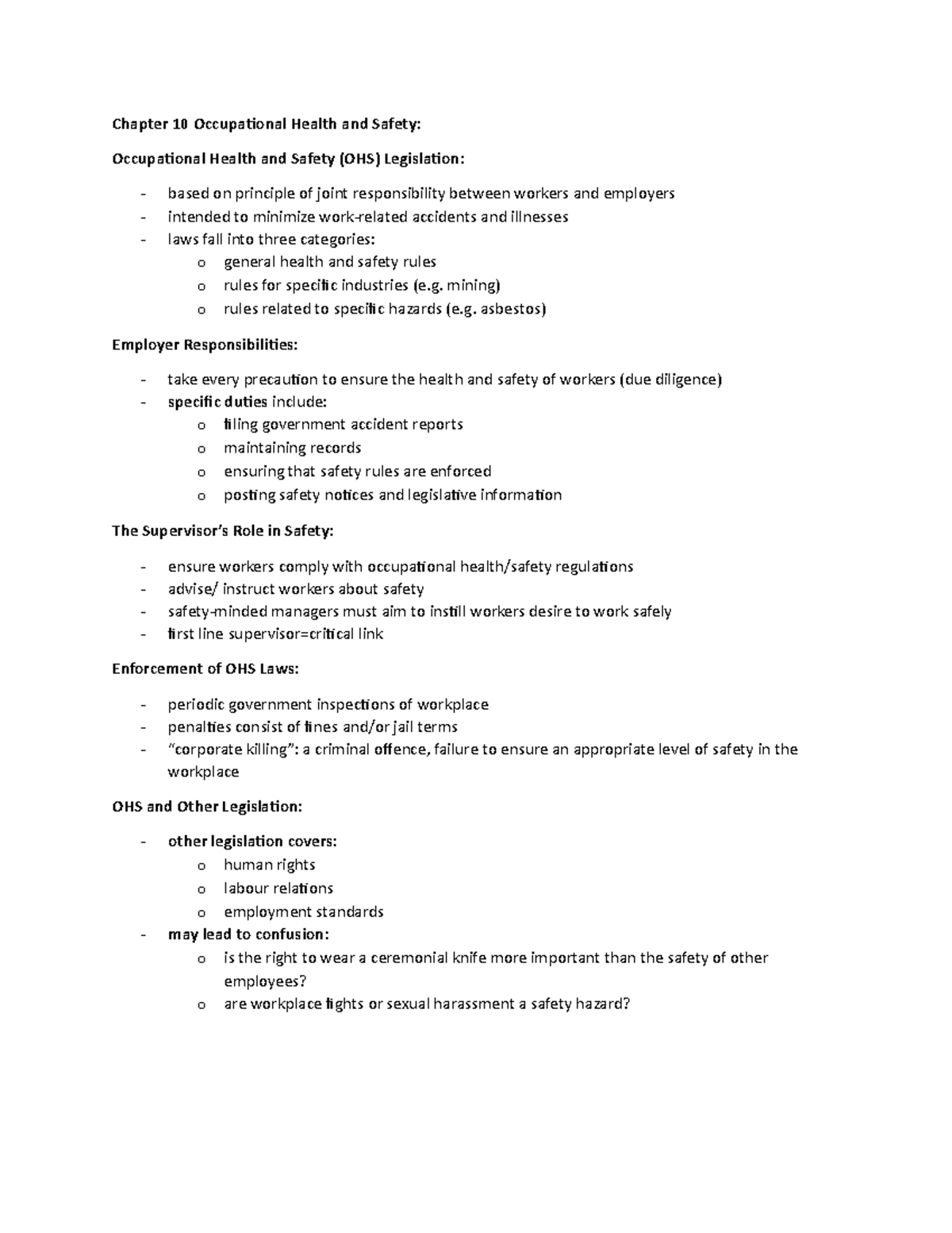 Human Resources Ch. 10 Chapter 10 Occupational Health and Safety