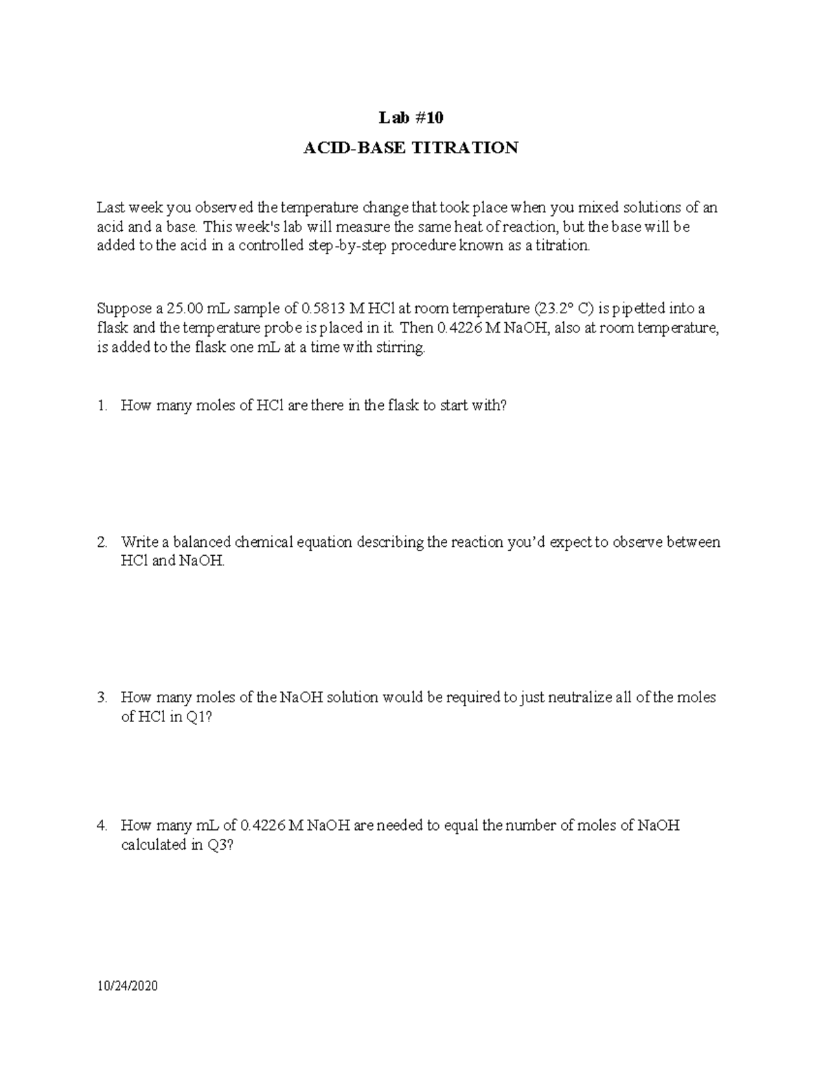 Handout Acid Base Titration F 20 Lab ACIDBASE TITRATION Last week