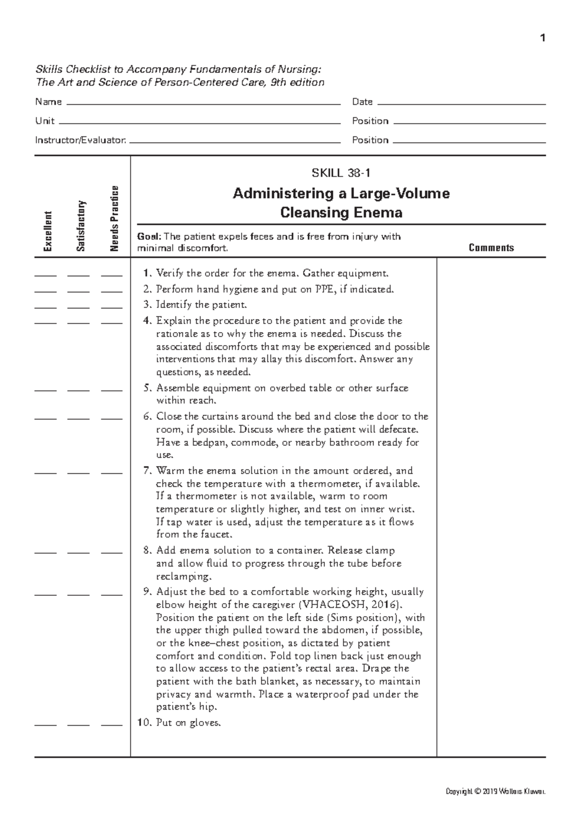 Large volume cleansing enema 1 Skills Checklist to