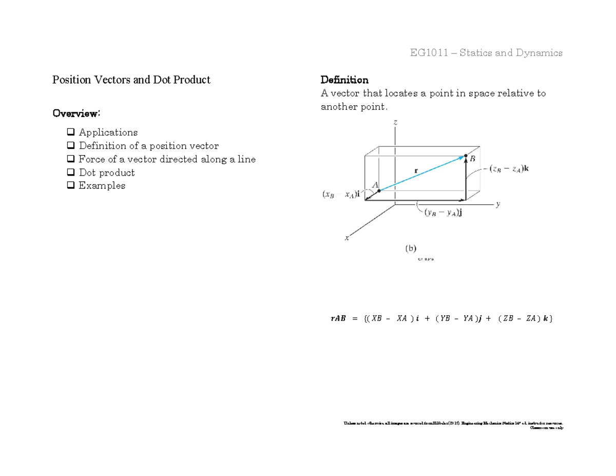 Lecture 3 - Position vectors and dot product - Unless noted otherwise ...