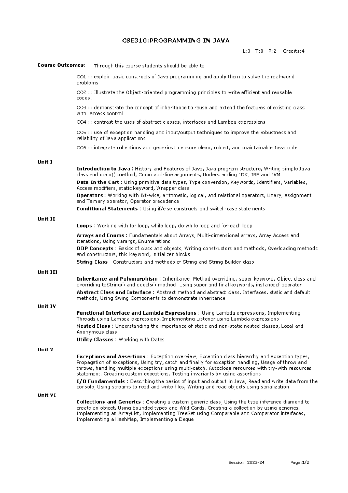 Syllabus 310 - Notes - CSE310:PROGRAMMING IN JAVA Course Outcomes: CO1 ...