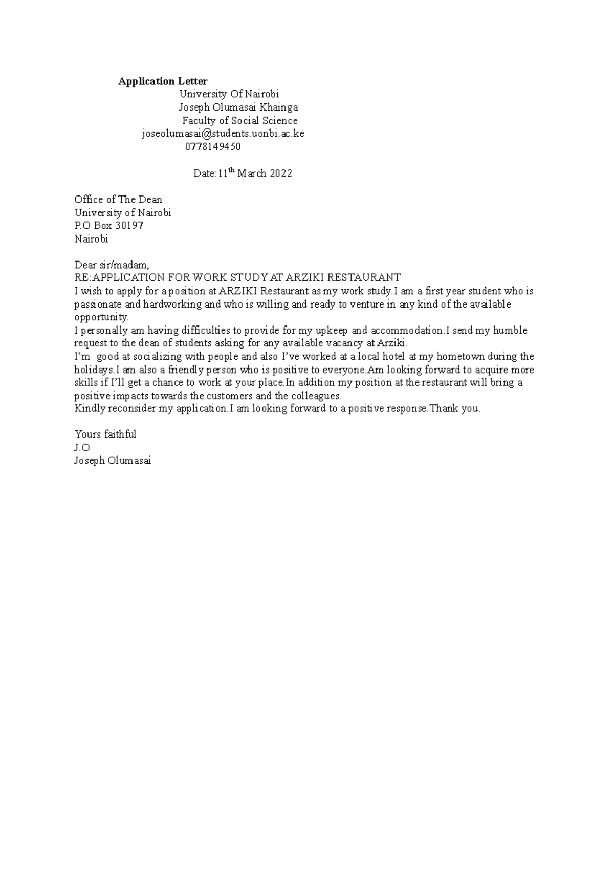 Application letter - Assignment - Application Letter University Of ...