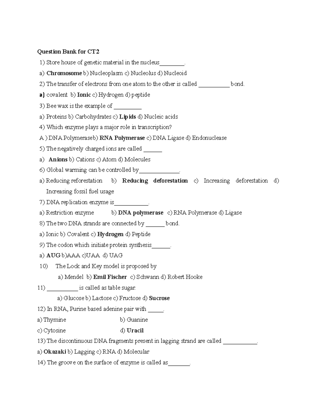 Question bank ct2- biology - Question Bank for CT 1) Store house of ...