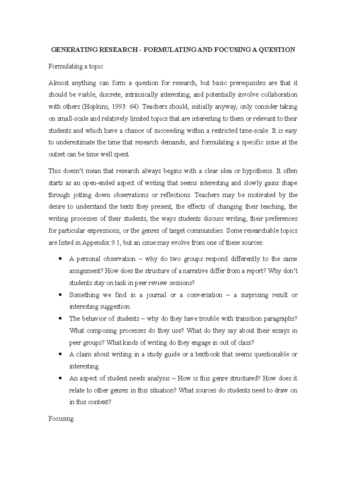 Generating Research - Formulating AND Focusing A Question - GENERATING ...