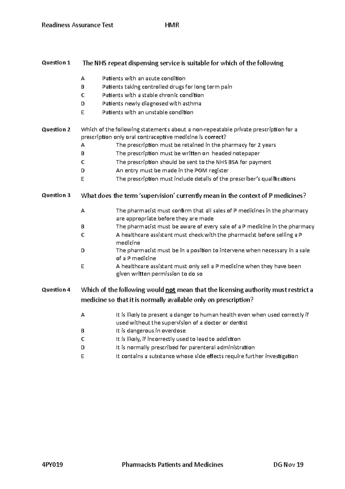 The Human Medicines Regulations 2012 Sample exam questions Readiness